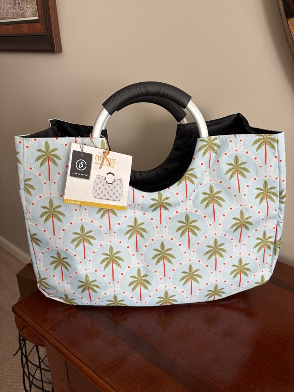 City Tote Palm Print Tote Bag with Ring Handles - Light Blue & Green